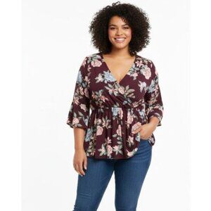 Torrid Dark Purple and Pink Ruched Floral Blouse Plus Size 2 with 3/4 Sleeves